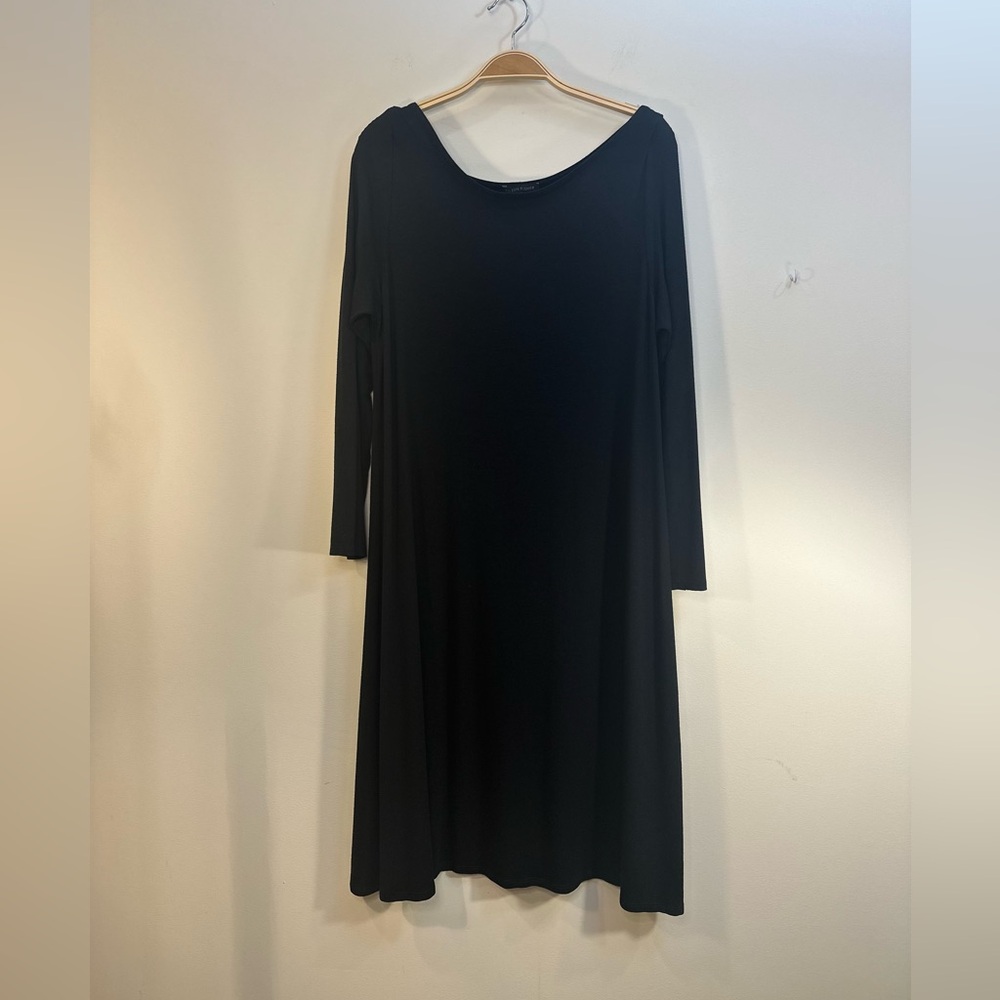 Eileen Fisher Black Lightweight Viscose Jersey Long Sleeve Scoop Neck Dress Sz M